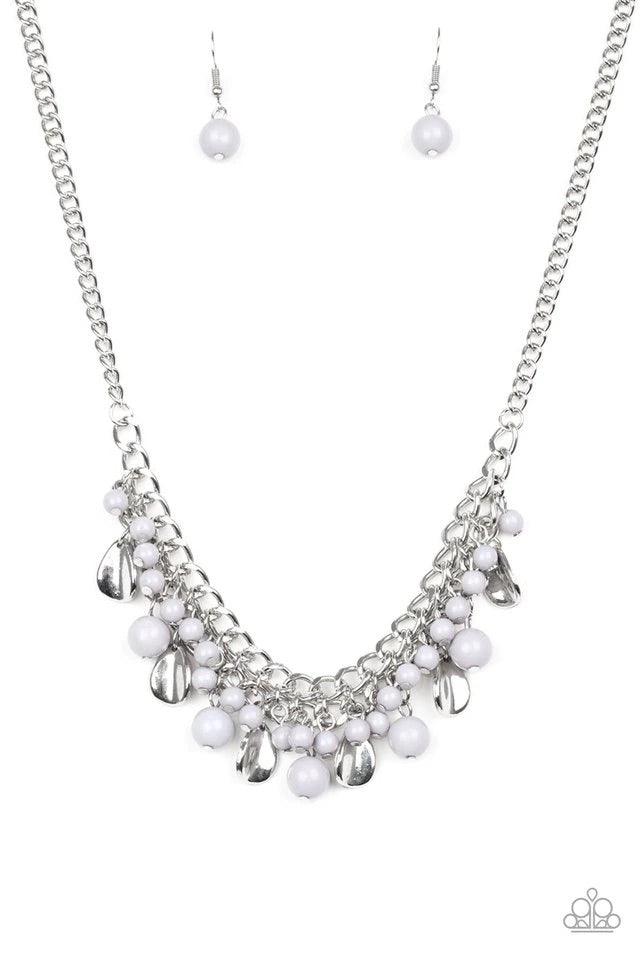 Paparazzi Accessories Summer Showdown - Silver Neutral gray beads and curved silver teardrops swing from the bottom of interlocking silver chains, creating a flirtatious fringe below the collar. Features an adjustable clasp closure. Sold as one individual