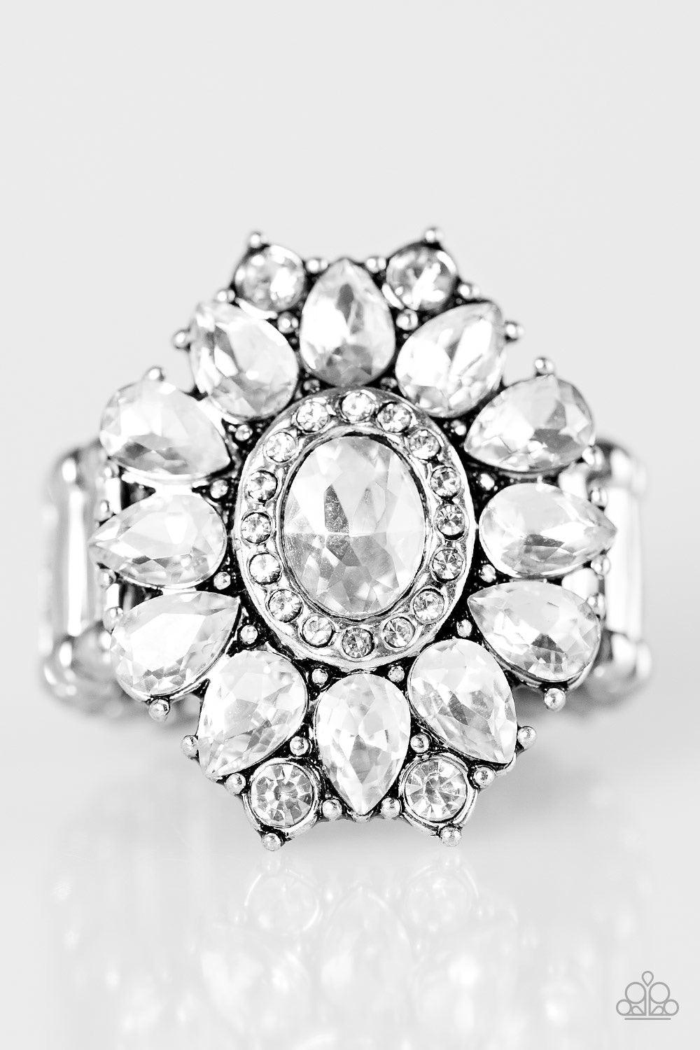Paparazzi Accessories Garden Gala - White Featuring elegant teardrop cuts, glittery white rhinestones spin around a glassy gem, creating a regal floral centerpiece. Features a stretchy band for a flexible fit. Jewelry