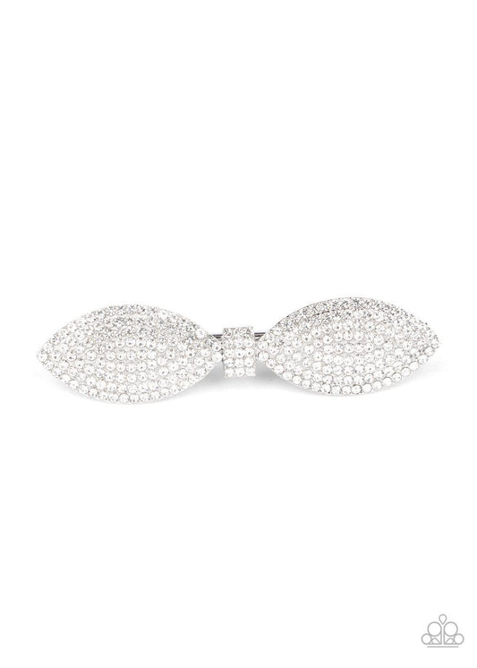 Paparazzi Accessories Mind BOWing Sparkle - White A silver bow is encrusted in row after row of glassy white rhinestones, creating a sparkling centerpiece. Features a standard hair clip on the back. Sold as one individual hair clip. Hair Accessories