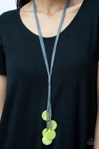Paparazzi Accessories Tidal Tassels - Green Featuring cylindrical silver accents, iridescent lime green shell-like discs swing from the ends of knotted Ultimate Gray cords, creating a colorful tassel. Features an adjustable sliding knot closure. Sold as o