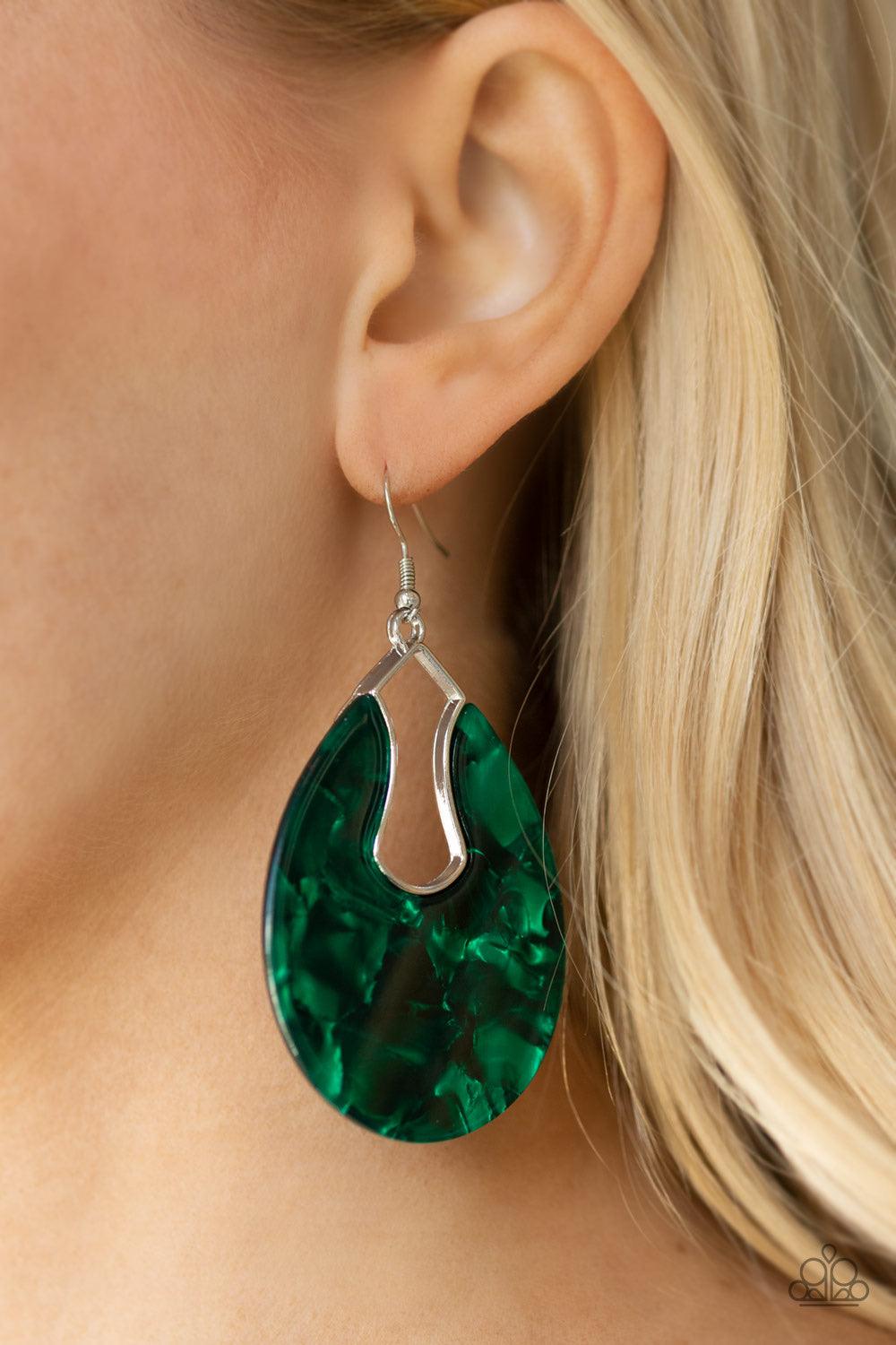 Paparazzi Accessories Pool Hopper - Green Brushed in a faux marble finish, a shimmering acrylic frame attaches to an abstract silver fitting as it swings from the ear for a retro look. Earring attaches to a standard fishhook fitting. Jewelry