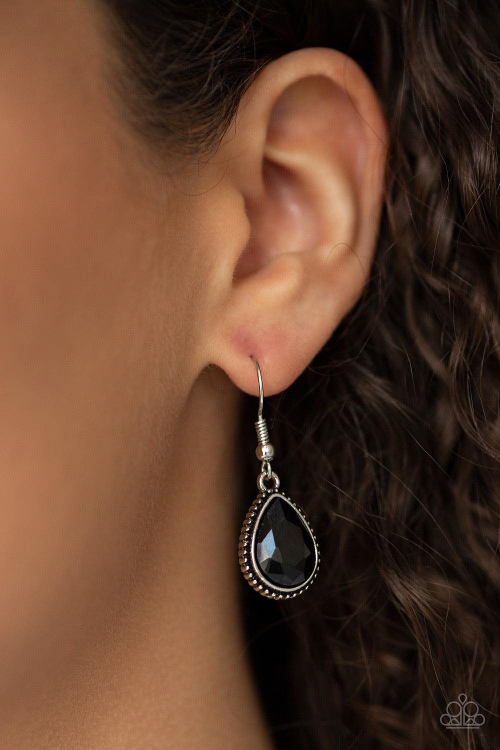 Paparazzi Accessories Socialite Social - Black Featuring ornate silver frames, glassy black teardrop gems link below the collar in a timeless fashion. The largest teardrop swings from the center, creating a glamorous pendant. Features an adjustable clasp