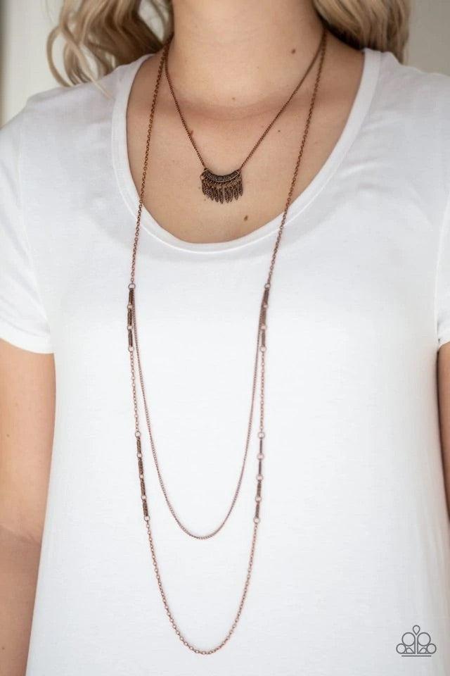 Paparazzi Accessories Homestead Harvest - Copper Embossed in a whimsical floral pattern, a fringed frame swings from the uppermost chain above a copper chain featuring dainty copper beading. Infused with a plain chain, the glistening copper chains layer d