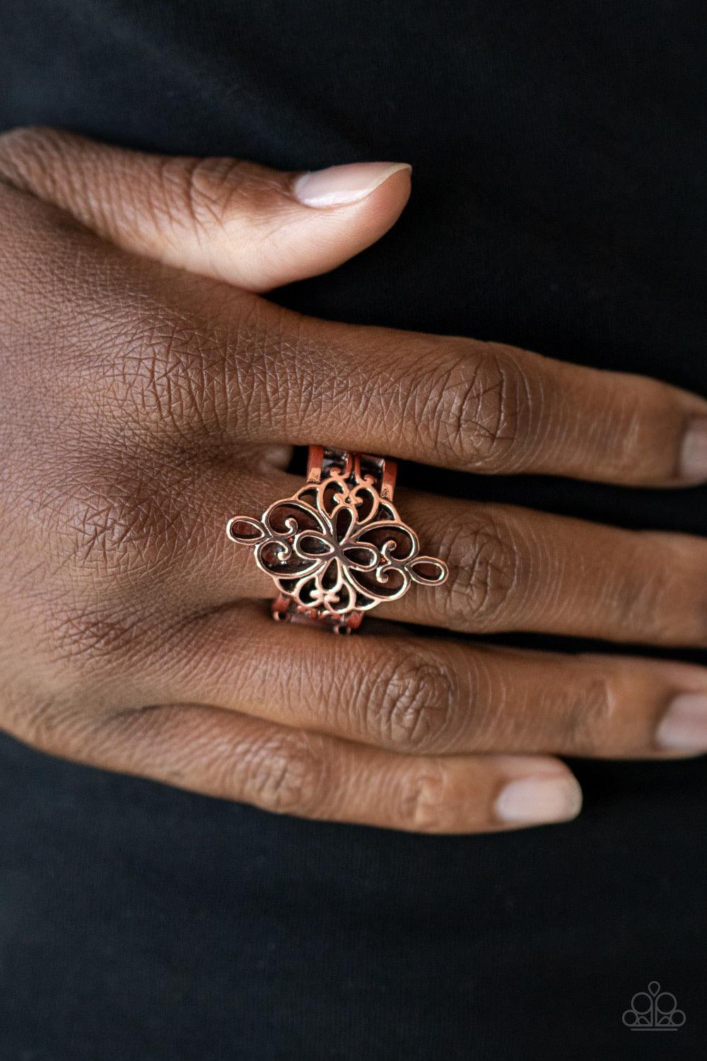 Paparazzi Accessories Walk The Vine ~Copper Brushed in an antiqued shimmer, glistening copper filigree vines and loops across the finger, coalescing into an airy frame. Features a stretchy band for a flexible fit. Sold as one individual ring. Ring
