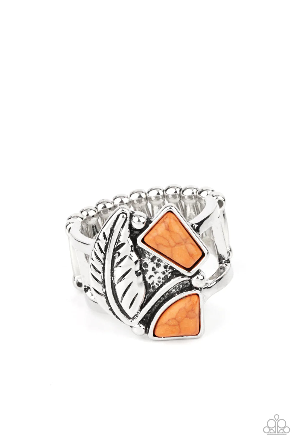 Paparazzi Accessories Make the NEST of It - Orange Asymmetrical orange stones adorn the front of an antiqued silver frame adorned in a silver feather, creating a rustic centerpiece atop the finger. Features a stretchy band for a flexible fit. Sold as one