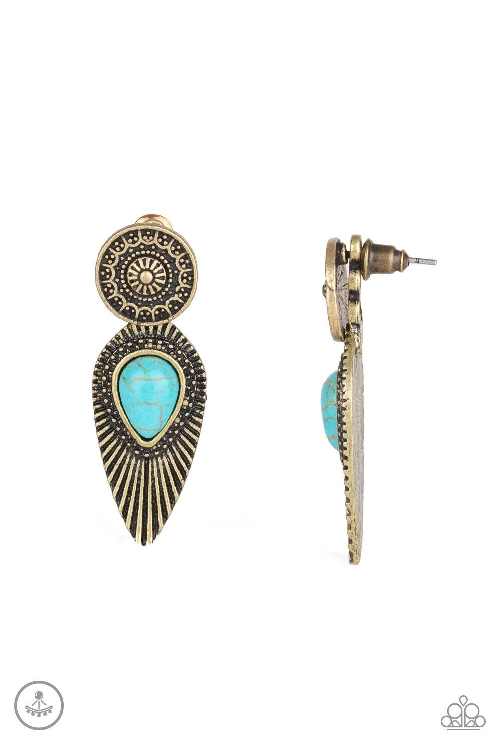 Paparazzi Accessories Fly Into The Sun - Brass An ornate brass disc attaches to a double-sided post, designed to fasten behind the ear. Dotted with a turquoise stone center, the feathery double-sided post peeks out beneath the ear for a bold artisan look.