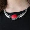 Paparazzi Accessories Cause A STEER - Red A red stone is pressed into the center of a bowing silver frame. Etched and dotted in shimmery textures, the dramatic pendant swings just below the collar for a simply seasonal look. Features an adjustable clasp c