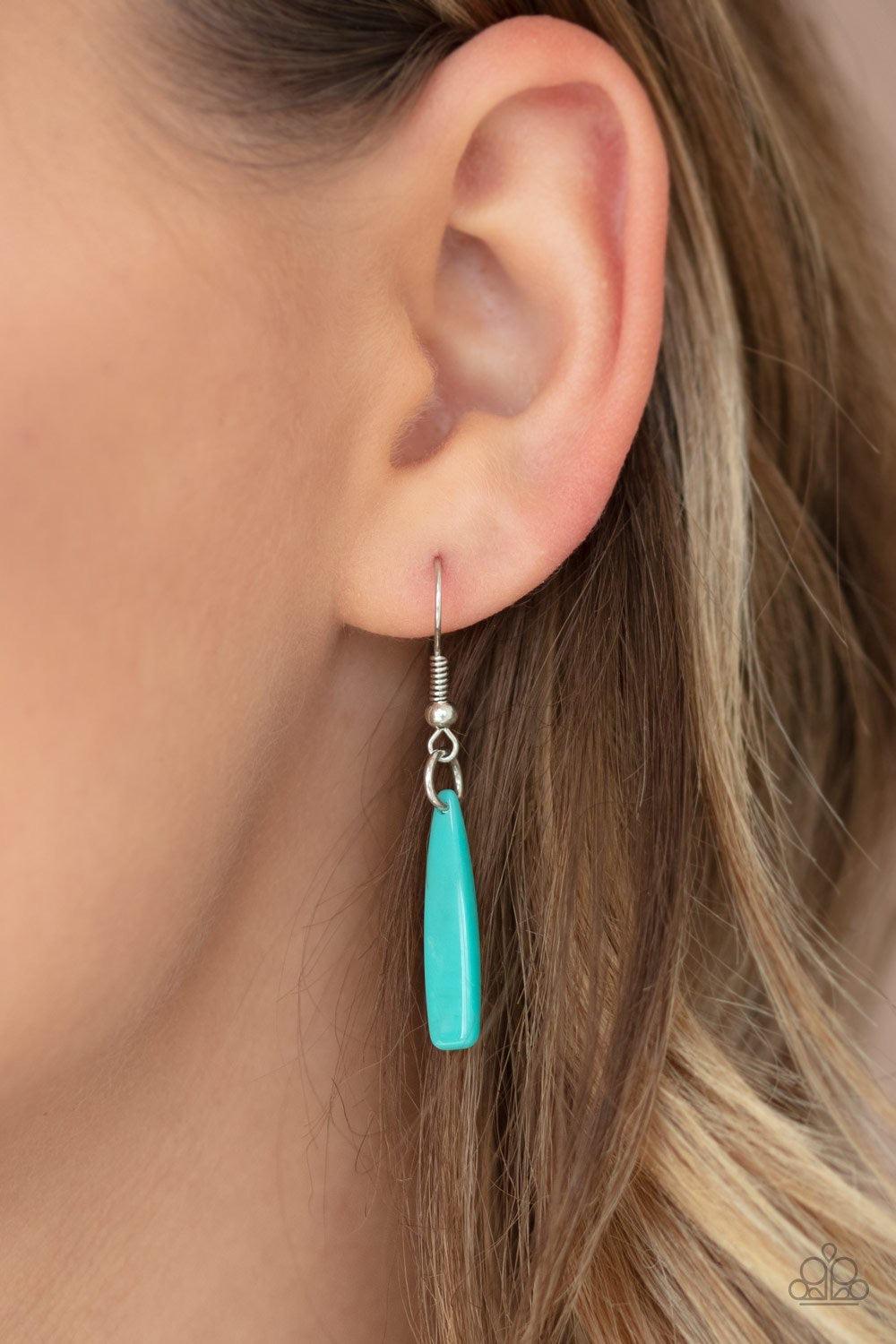 Paparazzi Accessories Out of My Element - Blue Flanked by dainty silver beads, shiny turquoise rod-like acrylic frames are threaded along an invisible wire, creating a colorful fringe below the collar. Features an adjustable clasp closure. Jewelry