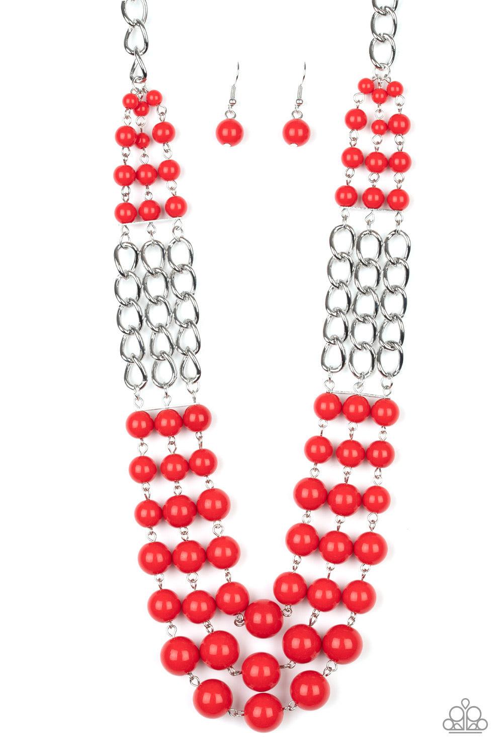 Paparazzi Accessories A La Vogue - Red Sections of thick silver chains and bubbly red beaded rows layer below the collar, creating statement-making layers. Features an adjustable clasp closure. Sold as one individual necklace. Includes one pair of matchin