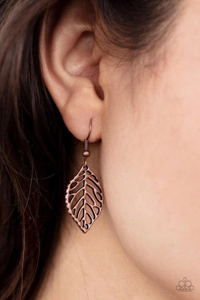 Paparazzi Accessories Just Be-LEAF - Copper Gradually increasing in size, airy copper leaf pendants swing at the bottom of a lengthened copper chain, creating a seasonal pendant. Features an adjustable clasp closure. Jewelry