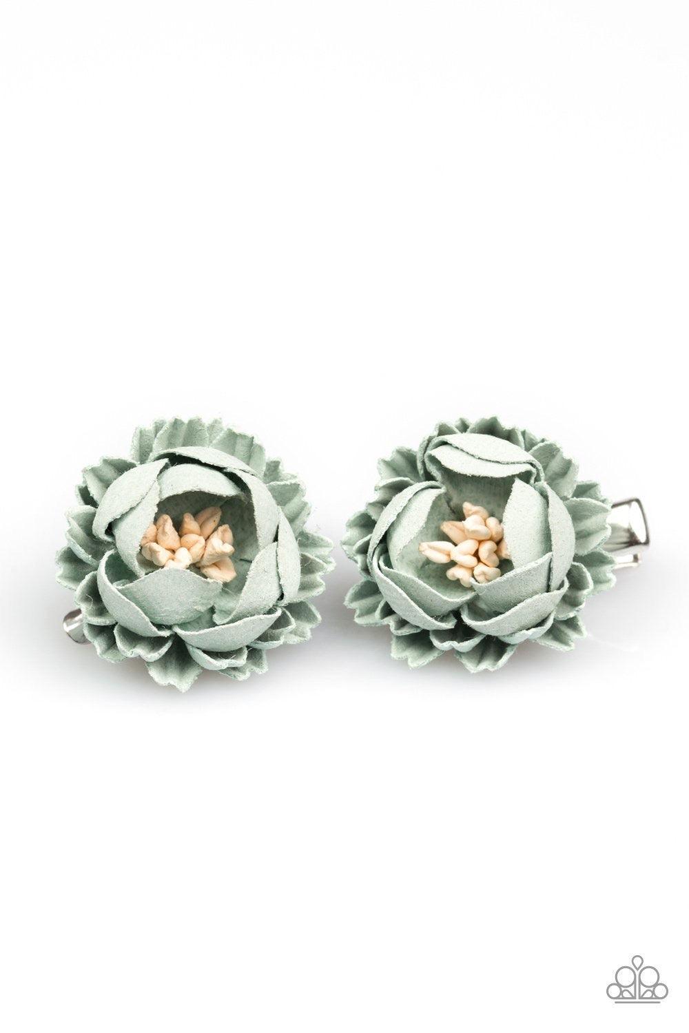 Paparazzi Accessories Just BUD Out! - Green Brushed in a refreshing green finish, paper-like petals bloom from a lifelike white beaded center for a seasonal look. Each flower features a standard hair clip on the back. Hair Accessories