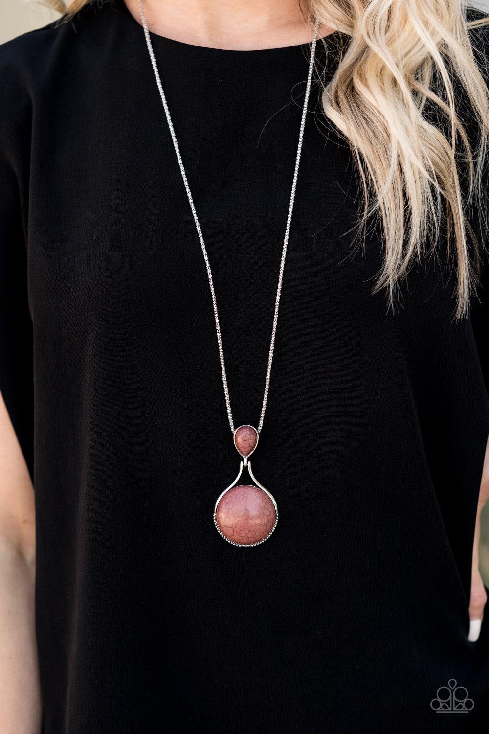 Paparazzi Accessories Desert Pools - Brown Encased in silver, a brown teardrop stone hinges to a large round brown stone at the bottom of a lengthened silver popcorn chain, creating a one-of-a-kind pendant. Features an adjustable clasp closure. Jewelry