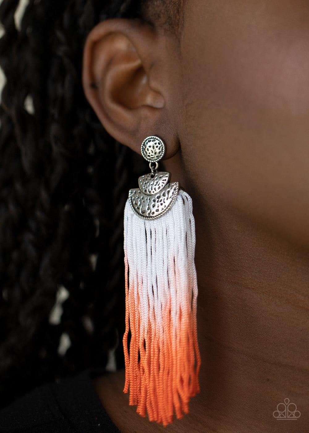Paparazzi Accessories DIP It Up - Orange Gradually fading from white to orange, shiny cording streams from the bottom of hammered silver frames, creating a colorful fringe. Earring attaches to a standard post fitting. Sold as one pair of post earrings. Je
