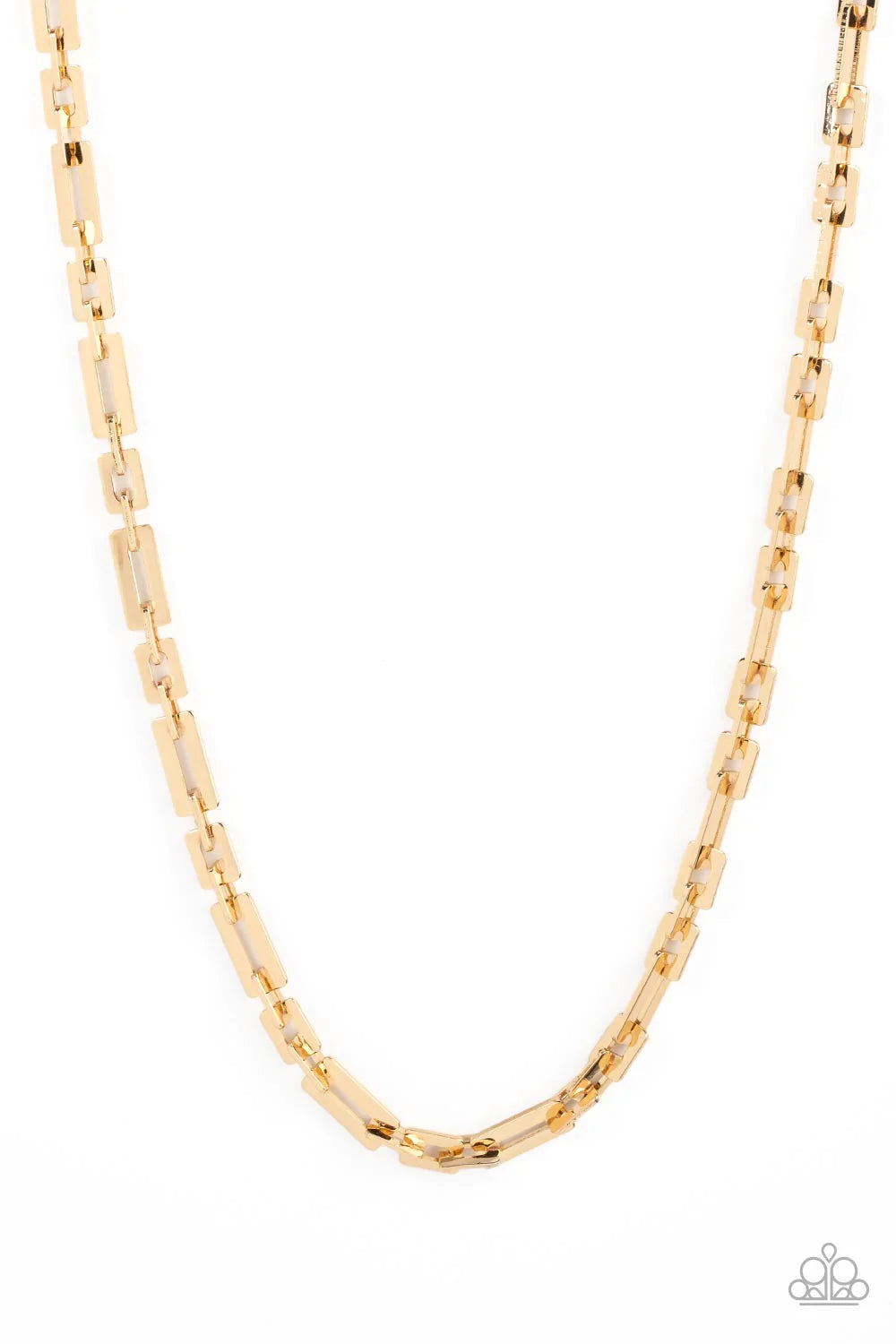 Paparazzi Accessories Rocket Zone - Gold A shiny assortment of flat rectangular and square gold links daringly interlocks across the chest, resulting in a bold industrial centerpiece. Features an adjustable clasp closure. Sold as one individual necklace.
