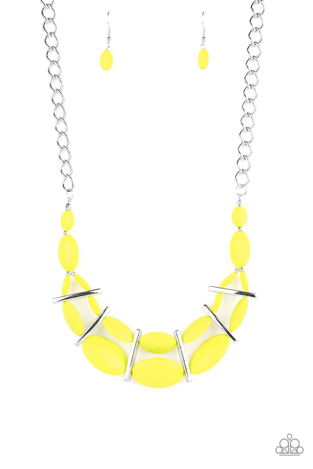 Paparazzi Accessories Law of the Jungle - Yellow Sectioned off by edgy silver fittings, a flamboyant collection of rebellious Green Sheen beads link into two colorful layers below the collar for a bold pop of color. Features an adjustable clasp closure. J