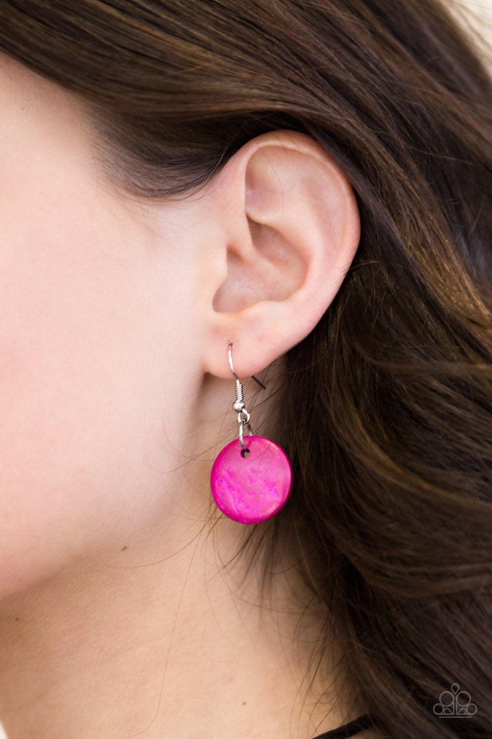 Paparazzi Accessories South Beach Summer - Pink Brushed in a distressed finish, vivacious pink and brown wooden beads trickle along three strands, creating a summery look down the chest. Features a button loop closure. Jewelry