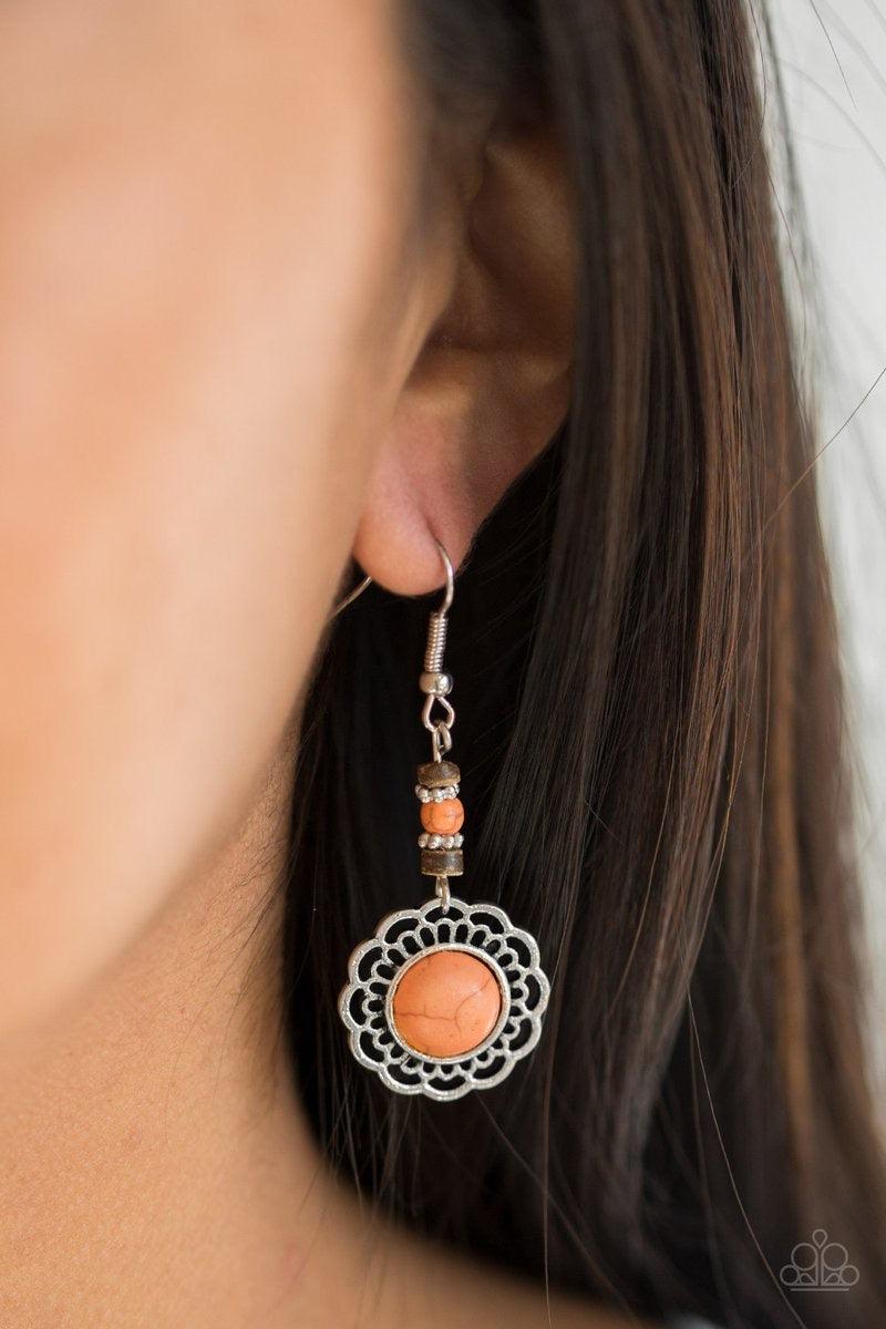 Paparazzi Accessories Desert Bliss - Orange Dainty silver, orange stone, and wooden beads give way to a shimmery silver floral frame featuring a matching stone center for a seasonal look. Earring attaches to a standard fishhook fitting. Jewelry