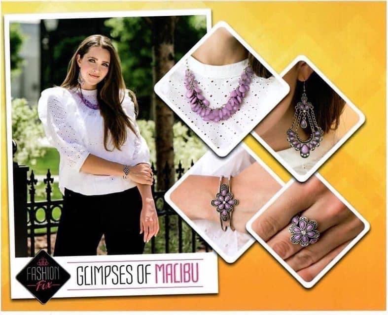Paparazzi Accessories Glimpse of Malibu: FF July 2020 The Glimpses of Malibu collection was created with inspiration from the styles of Malibu, CA. Styles in this Trend Blend will feature fun, livable fashion with an upscale flavor. The color are usually