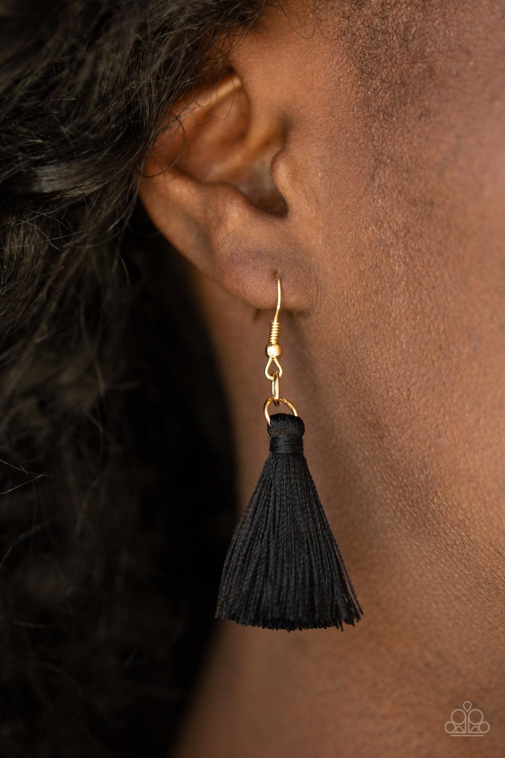 Paparazzi Accessories The MANE Event - Black A plume of shiny black thread flares out from the bottom of an airy half-moon frame stamped in tribal inspired patterns, creating a bold fringe below the collar. Features an adjustable clasp closure. Jewelry