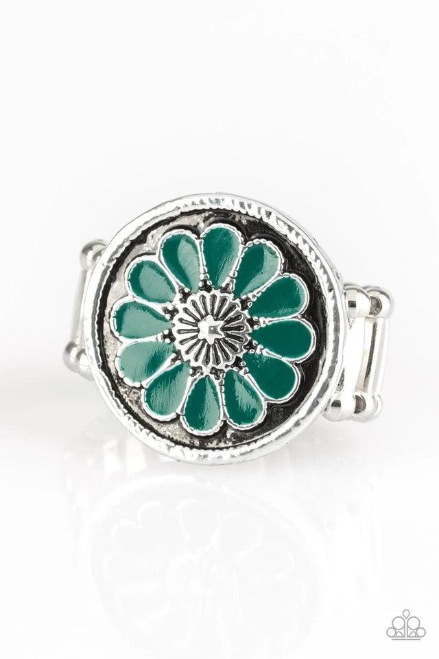 Paparazzi Accessories Garden View - Green Brushed in an antiqued shimmer, refreshing Quetzal Green petals spin into a whimsical floral pattern atop the finger. Features a stretchy band for a flexible fit. Jewelry