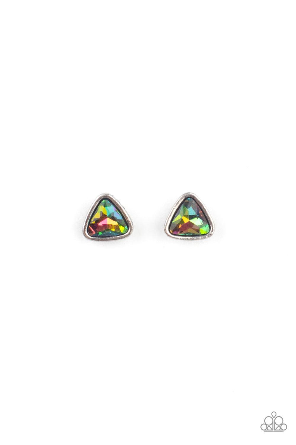 Paparazzi Accessories Starlet Shimmer Earrings # 28 Featuring pronged gunmetal fittings, the oil spill rhinestone centers vary in round, square, teardrop, triangular, oval, and marquise style cuts. Earrings attach to standard post fittings. Jewelry