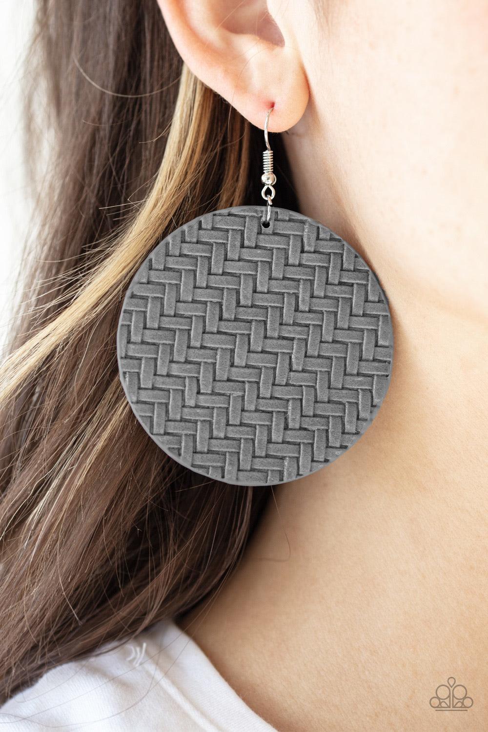Paparazzi Accessories Plaited Plains - Silver Gray leather-like laces weave into a plaited frame for a seasonal flair. Earring attaches to a standard fishhook fitting. Jewelry