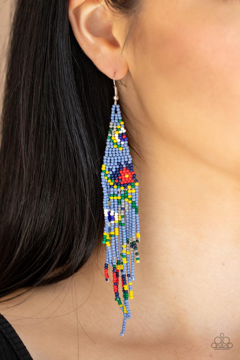 Paparazzi Accessories Beaded Gardens - Blue Strands of blue, gray, yellow, green, red, and white seed beads colorfully weave into a vivaciously floral beaded fringe. Earring attaches to a standard fishhook fitting. Sold as one pair of earrings. Jewelry