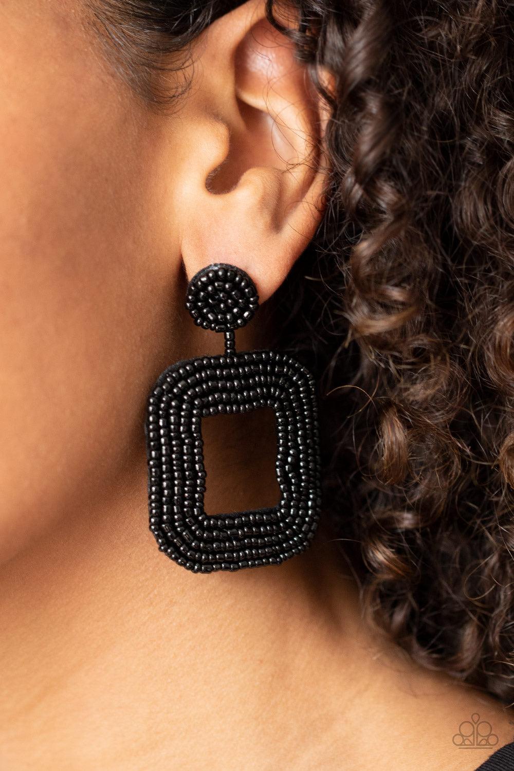 Paparazzi Accessories Beaded Bella - Black Shiny rows of dainty black seed beads adorn the front of a rounded square frame at the bottom of a matching beaded fitting, creating a blissfully beaded look. Earring attaches to a standard post fitting. Sold as