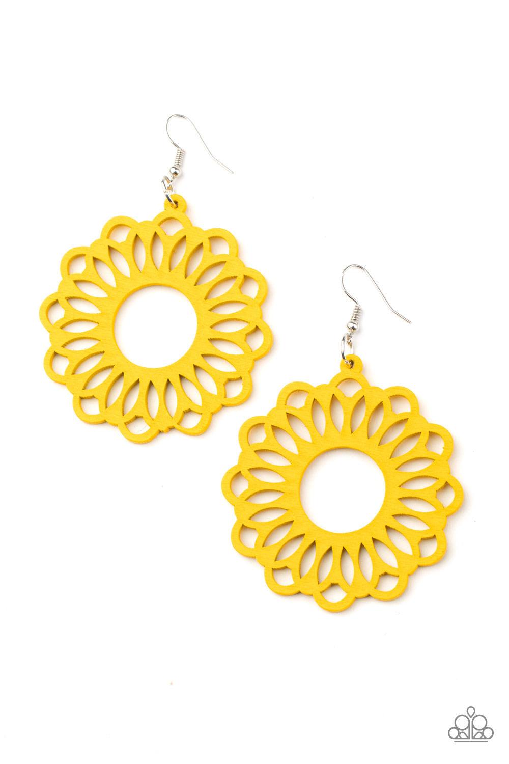 Paparazzi Accessories Dominican Daisy - Yellow Painted in a sunny yellow finish, an airy wooden frame is cut into a whimsical stenciled pattern for a colorful floral look. Earring attaches to a standard fishhook fitting. Sold as one pair of earrings. Jewe