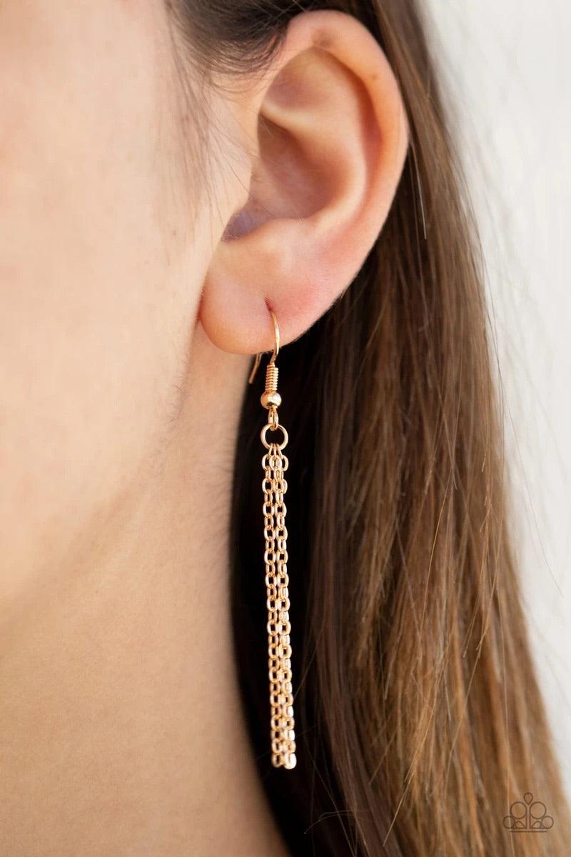 Paparazzi Accessories Pharaoh Paradise - Gold Attached to two bowing gold bars, a shiny gold hoop gives way to a shimmery gold chain fringe, creating a statement making look below the collar. Features an adjustable clasp closure. Sold as one individual ne