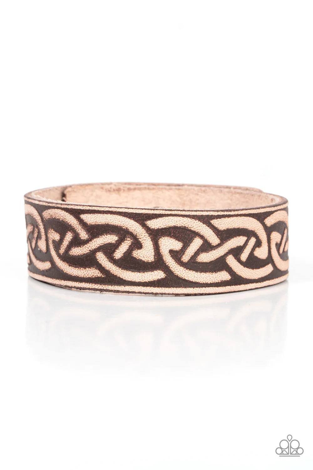 Paparazzi Accessories Rebel Runes - Brown A brown leather band is etched in a runic-like pattern, creating a rustic centerpiece around the wrist. Features an adjustable snap closure. Sold as one individual bracelet. Jewelry
