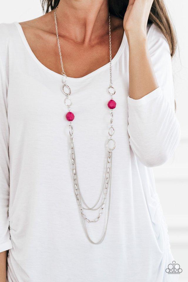 Paparazzi Accessories Margarita Masquerades - Pink Faceted Granita beads and hammered silver hoops gives way to layers of mismatched silver chains for a whimsical look. Features an adjustable clasp closure. Sold as one individual necklace. Includes one pa