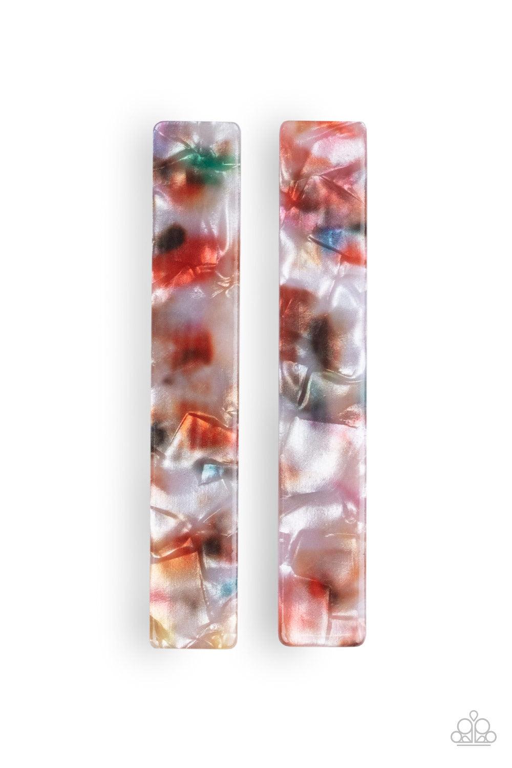 Paparazzi Accessories Right HAIR, Right Now - Multi Speckled in shell-like accents, a pair of iridescent acrylic frames pin back the hair for a colorfully retro look. Features standard hair clips on the back. Color may vary. Hair Accessories