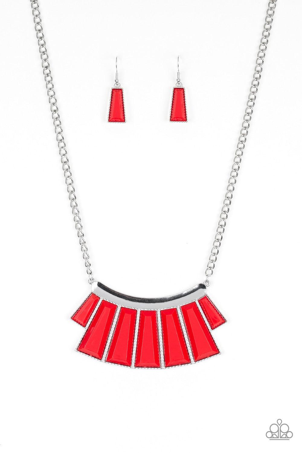 Paparazzi Accessories Glamour Goddess - Red Featuring the dramatic red hue of Chili Pepper, faceted emerald style beads are pressed into a hammered silver plate. Featuring flared bottoms, the colorful beads fan out below the collar for a fierce finish. Fe