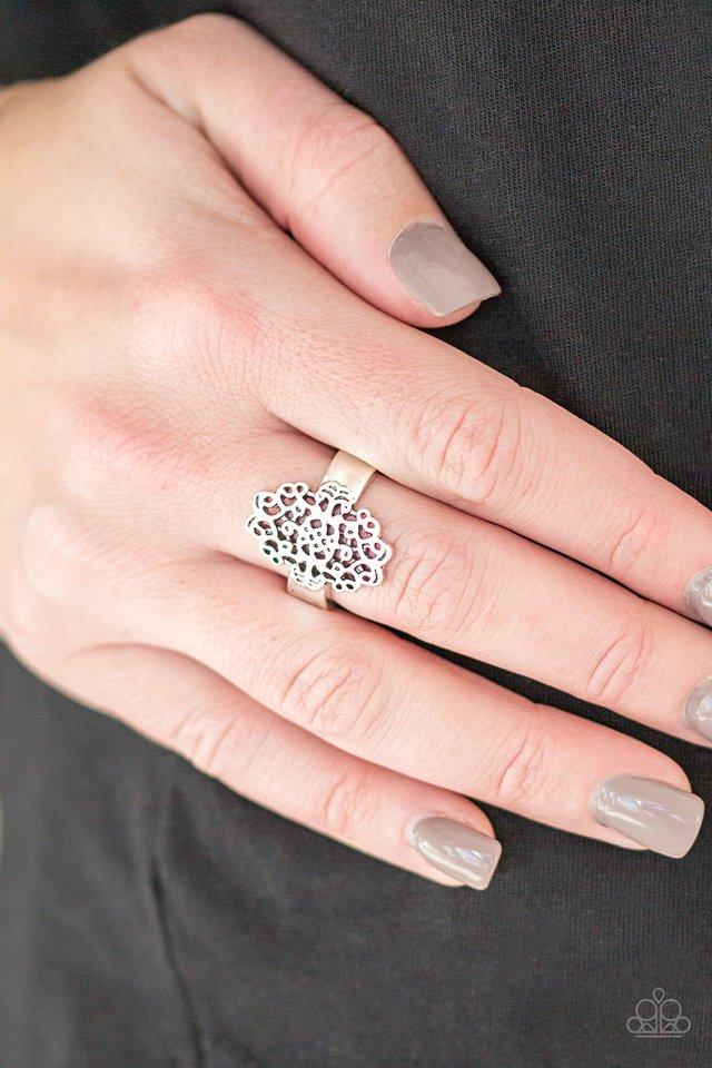 Paparazzi Accessories Full of HAUTE Air - Silver Brushed in an antiqued finish, glistening silver filigree whirls across the finger for an airy look. Features a dainty stretchy band for a flexible fit. Sold as one individual ring. Jewelry