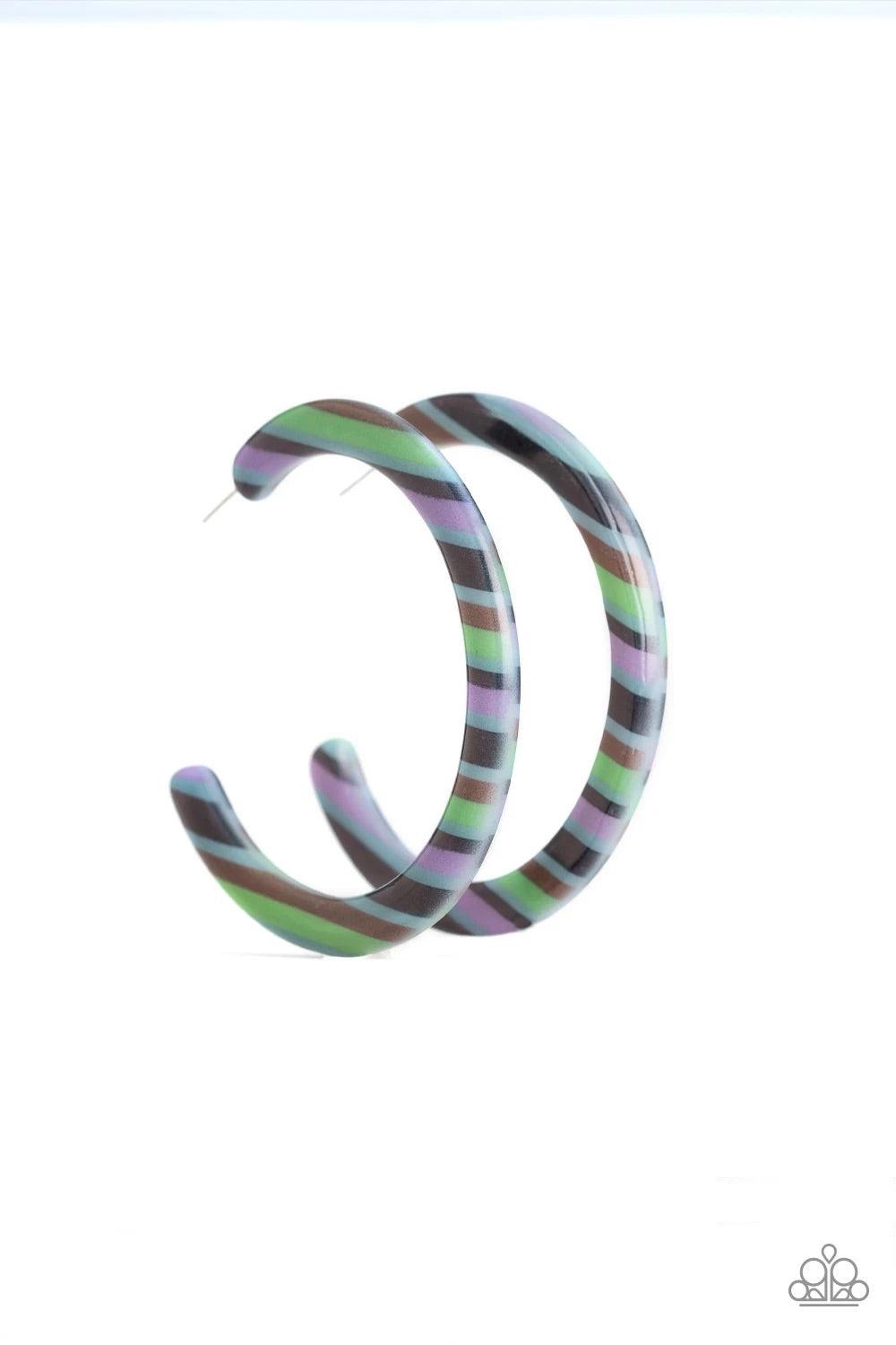 Paparazzi Accessories HAUTE-Blooded - Green Streaked with colorful accents, a striped acrylic hoop curls around the ear for a retro look. Earring attaches to a standard post fitting. Hoop measures approximately 2 1/2" in diameter. Sold as one pair of hoop