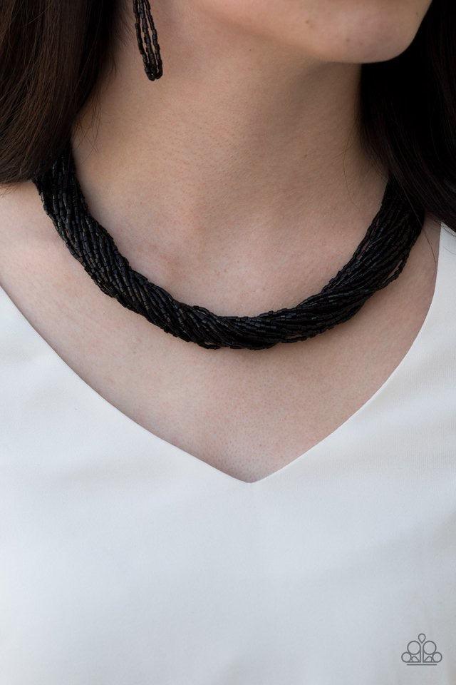 Paparazzi Accessories The Speed of STARLIGHT ~Black Strands of shiny black seed beads subtlety twist below the collar, coalescing into a blinding shimmer. Features an adjustable clasp closure.