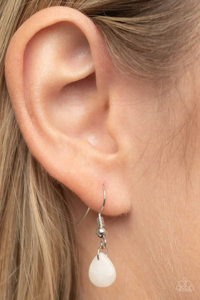 Paparazzi Accessories Cherokee Canyon - White An earthy cluster of wooden, crystal-like, and tiger's eye stone beads joins an enchanting quartz-like teardrop at the bottom of a dainty silver satellite chain, resulting in a tranquil pendant below the colla