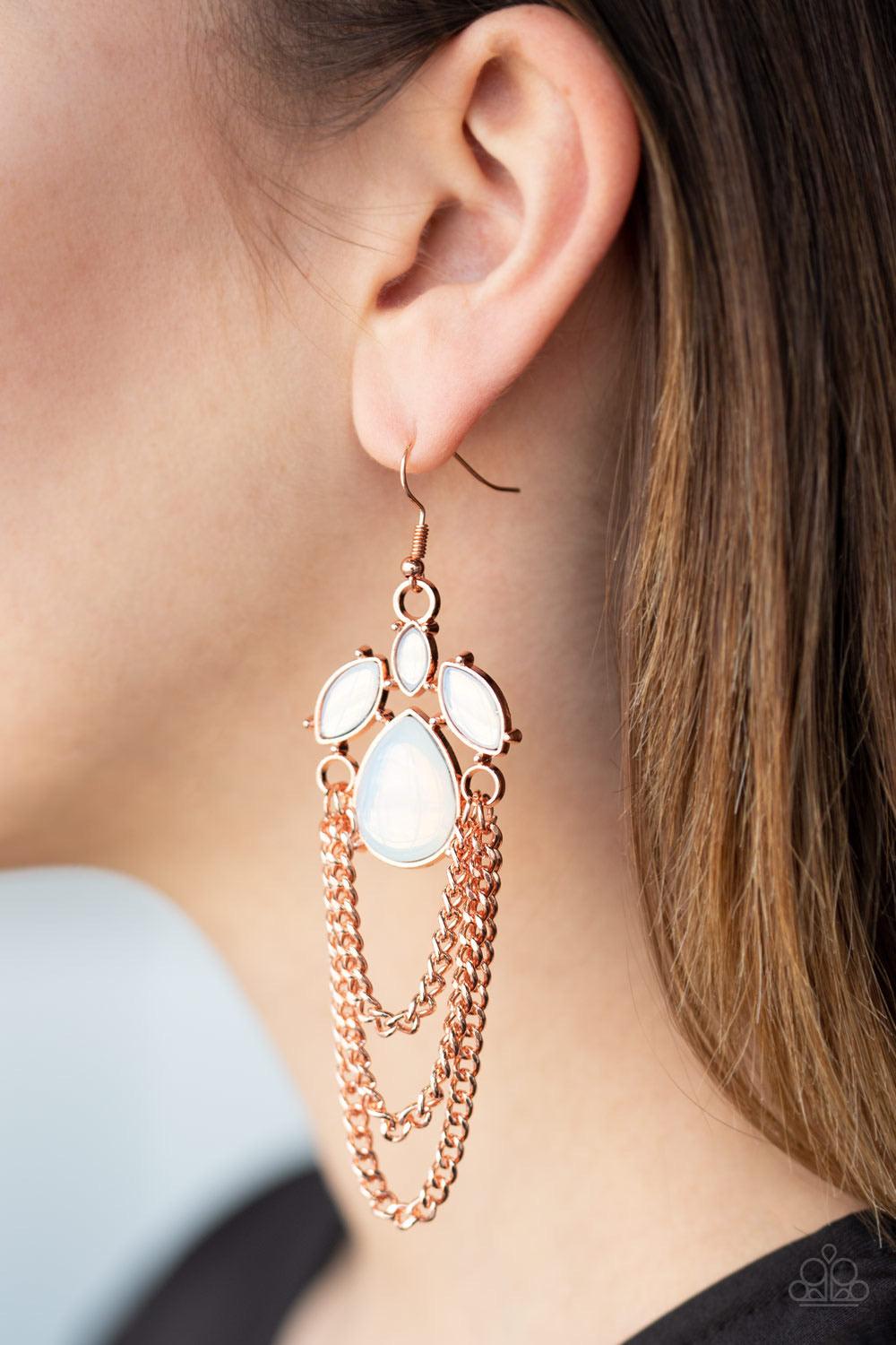 Paparazzi Accessories Opalescence Essence - Copper Rows of shiny copper chain drape from the bottom of a stacked shiny copper frame floating with a collection of opalescent white beads. Earring attaches to a standard fishhook fitting. Jewelry