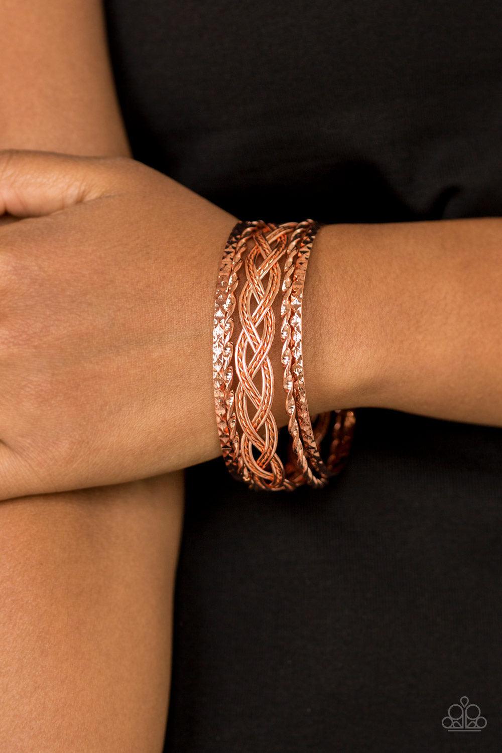 Paparazzi Accessories Straight Street - Copper Featuring smooth and textured finishes, mismatched shiny copper bangles glide along the wrist for a causal fashion. Jewelry