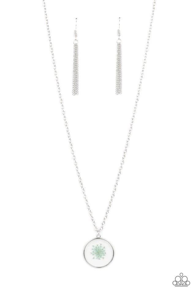 Paparazzi Accessories Tea Party Tease - Blue A dainty blue firework-like flower is encased inside a glassy frame, creating a whimsical pendant below the collar. Features an adjustable clasp closure. Sold as one individual necklace. Includes one pair of ma
