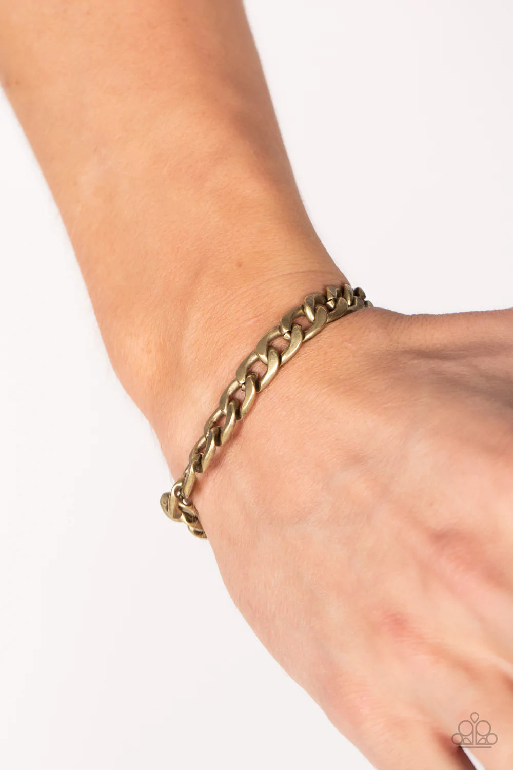 Paparazzi Accessories Alternative Anthem - Brass Flattened antiqued brass links fall smoothly around the wrist for a gritty industrial vibe. Features an adjustable clasp closure. Sold as one individual bracelet. Jewelry