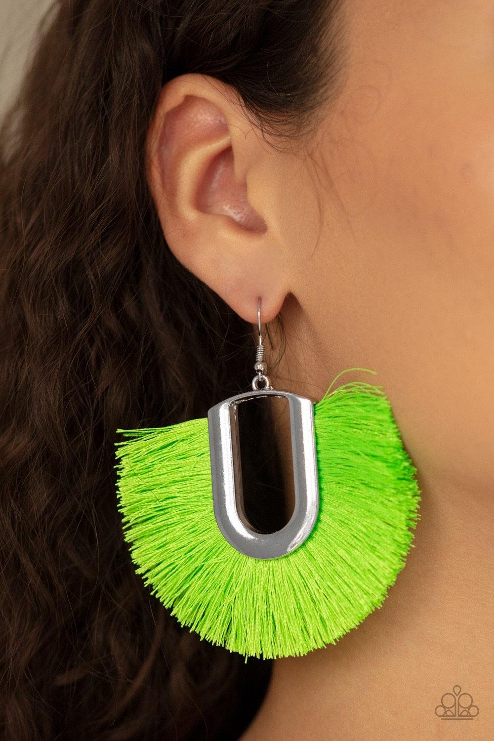 Paparazzi Accessories Tassel Tropicana - Green Tassel Tropicana Green โ Paparazzi Earrings. Neon green thread fans out from a striking silver fitting, creating a vivacious fringe Jewelry