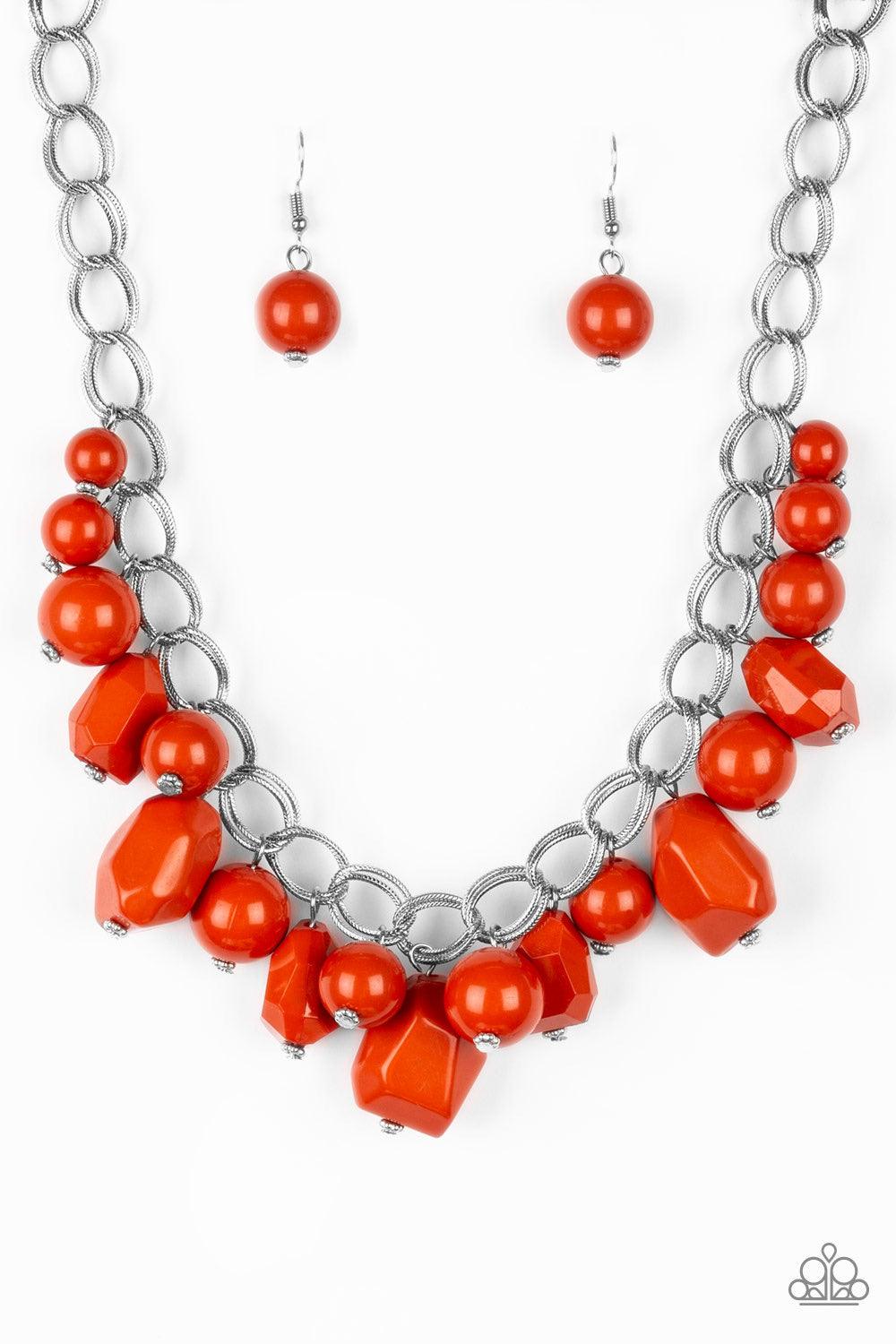 Paparazzi Accessories Gorgeously Globetrotter - Orange Varying in shape and shimmer, smooth and faceted Burnt Orange beads trickle from doubled silver chain links, creating a colorful fringe below the collar. Features an adjustable clasp closure. Jewelry