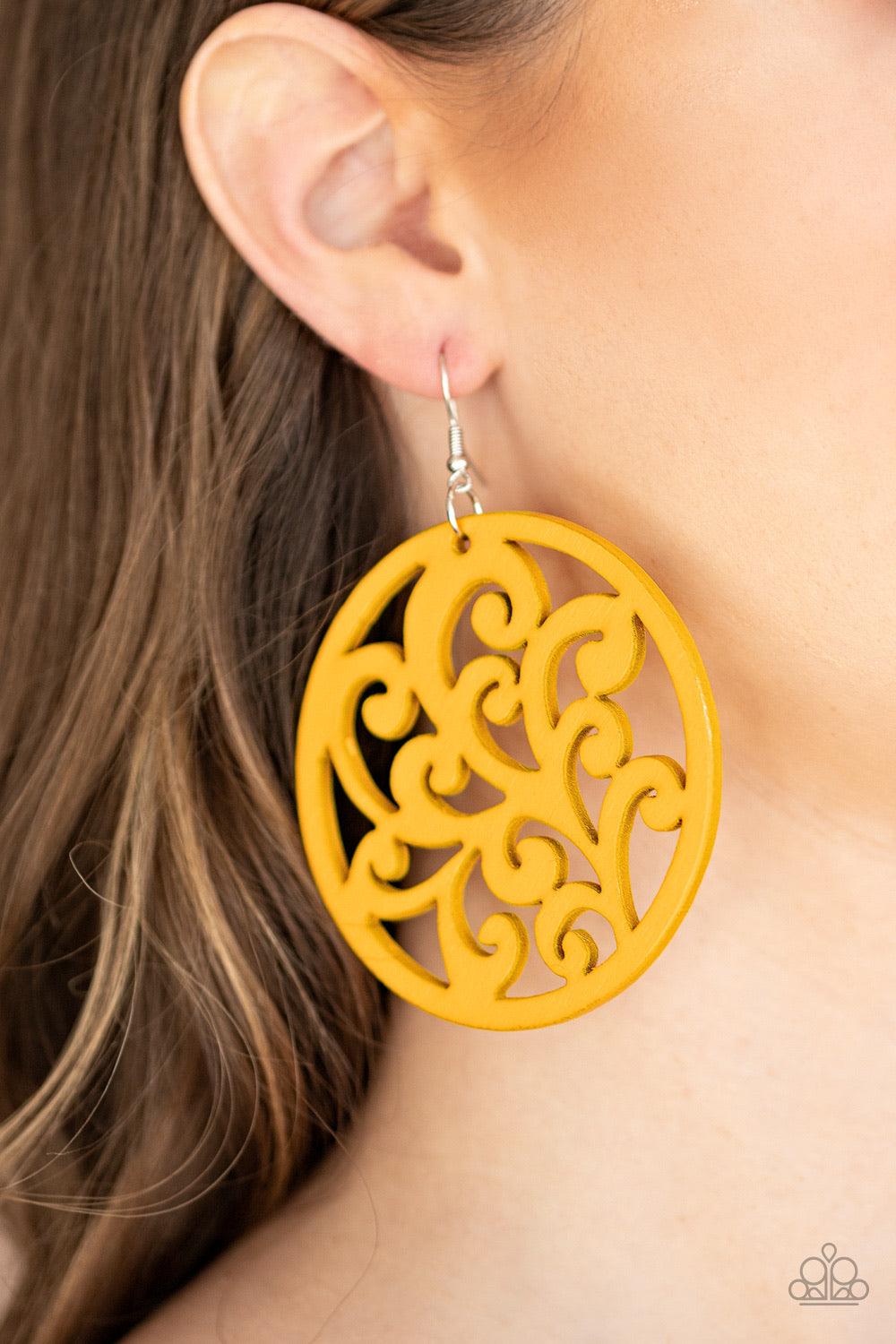 Paparazzi Accessories Fresh Off The Vine - Yellow Stenciled in vine-like filigree, a yellow wooden frame swings from the ear for an earthy look. Earring attaches to a standard fishhook fitting. Jewelry
