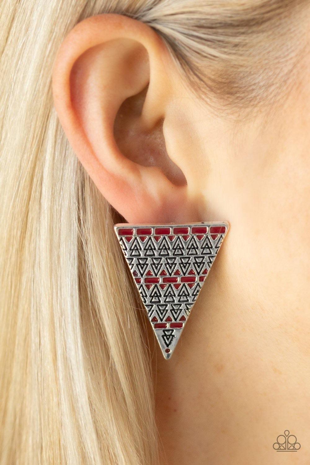 Paparazzi Accessories Terra Tricolor - Red Infused with shiny red painted accents, the front of an over sized silver triangle frame is stamped in stacked geometric patterns for a trendy tribal look. Earring attaches to a standard post fitting. Jewelry