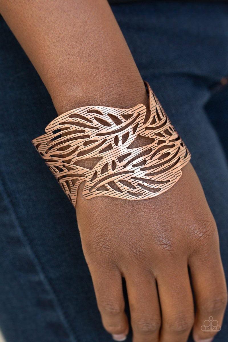 Paparazzi Accessories Leafy Lei - Copper Finely etched in linear patterns, a leafy copper cuff delicately wraps around the wrist for a statement-making seasonal finish. Jewelry