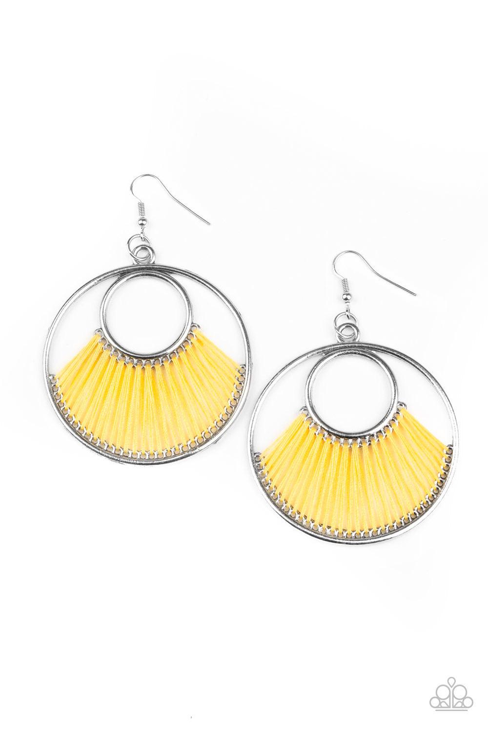 Paparazzi Accessories Really High-Strung - Yellow Golden yellow thread loops through the bottoms of a small and large silver hoop, creating a colorfully fanned-out pattern. Earring attaches to a standard fishhook fitting. Sold as one pair of earrings. Jew