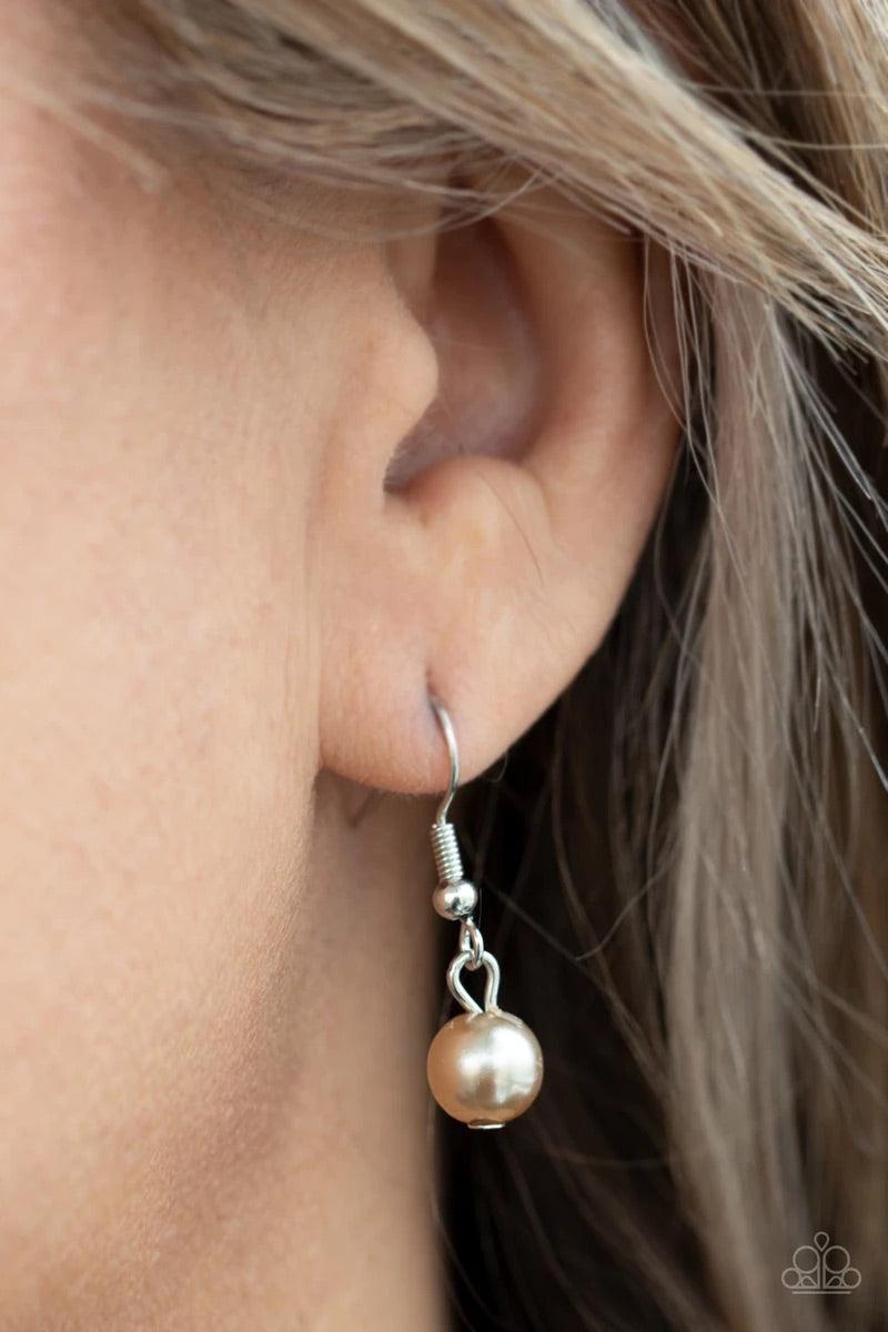 Paparazzi Accessories Positively PEARL-escent - Brown A collection of bubbly brown pearls and glittery crystal-like beads swing from the bottom of a chunky silver chain, creating an elegantly clustered fringe below the collar. Features an adjustable clasp