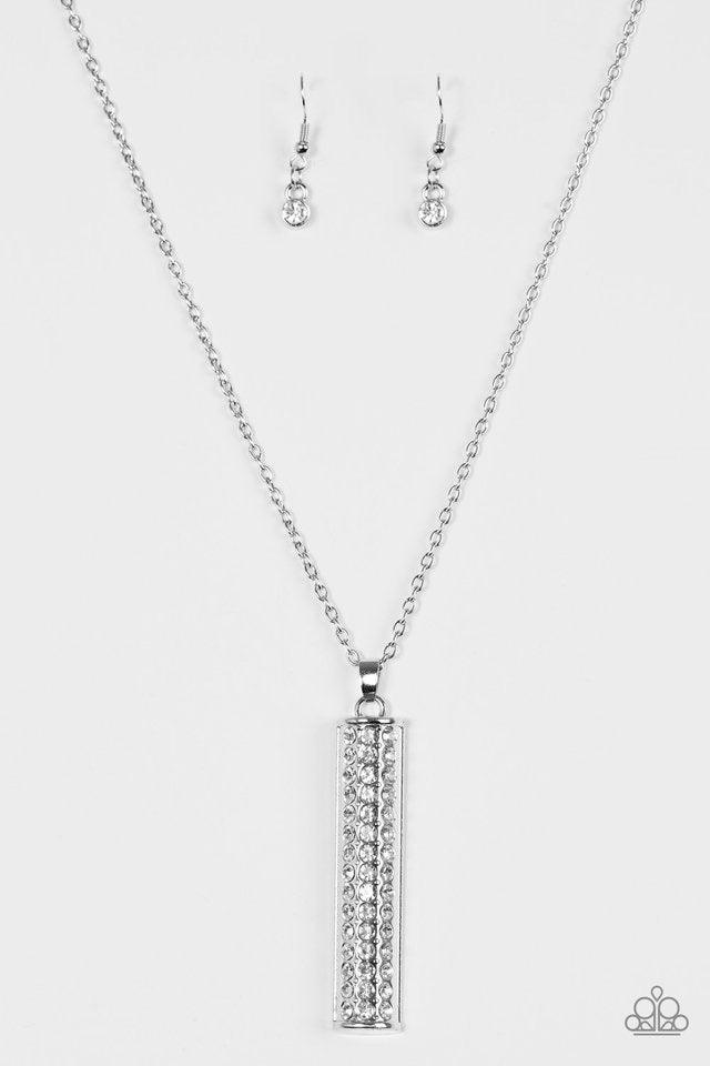 Paparazzi Accessories Big Shot Shimmer - White Featuring a rounded edge, a shimmery silver pedant is encrusted in rows of glittery white rhinestones for a dramatic look. Features an adjustable clasp closure. Sold as one individual necklace. Includes one p